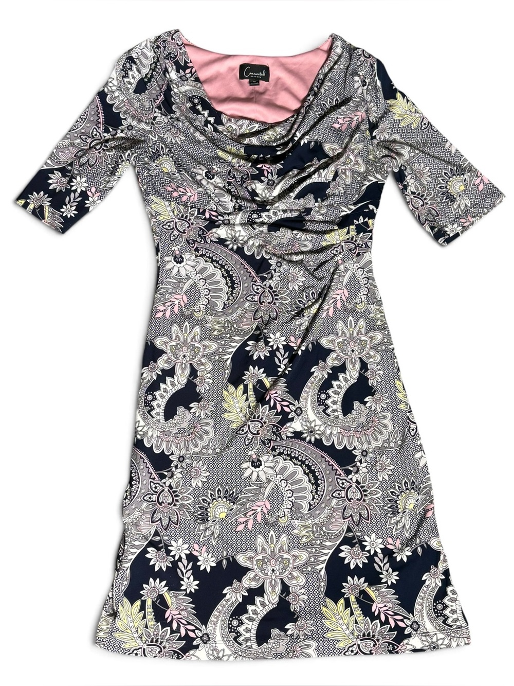 Connected Apparel Paisley Ruched Cowl Neck Dress Size 10